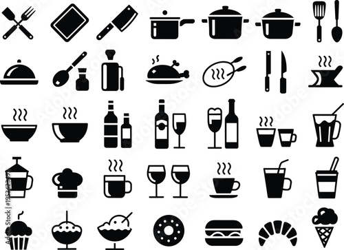 Comprehensive Set of Black Silhouette Icons for Food, Drink, and Kitchenware Keywords: food, drink, cooking, kitchen, restaurant
