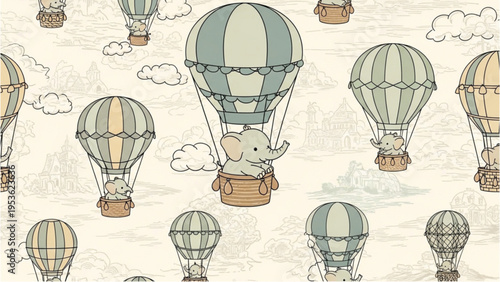 Elephant soars through sky with hot air balloons and clouds nearby