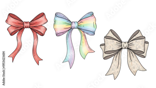 Three colorful bows are tied in different styles and colors.