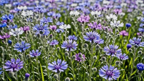 Field of Blue Cornflowers and Purple Flowers Swaying Gently in the Breeze on a Sunny Day