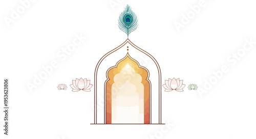 A vibrant Indian architectural illustration of a golden gate with floral decorations for Ram Navami festival celebration background