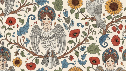 Vibrant floral pattern with birds and women's faces on branches