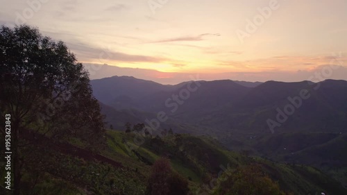 Aerial drone shot. Sunset in the mountains of Tanzania with a view of Lake Tanganyika