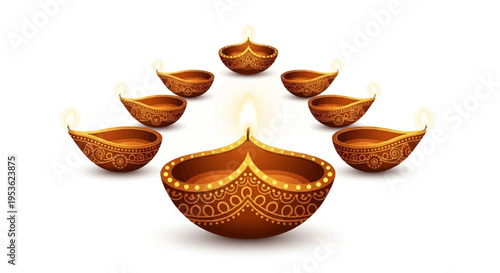 A vibrant illustration of seven lit diyas arranged in a circle on a white background, symbolizing the Ram Navami festival in India with warm golden tones and intricate designs