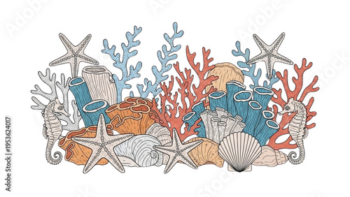 Vibrant marine life scene with starfish, coral, and shells underwater.