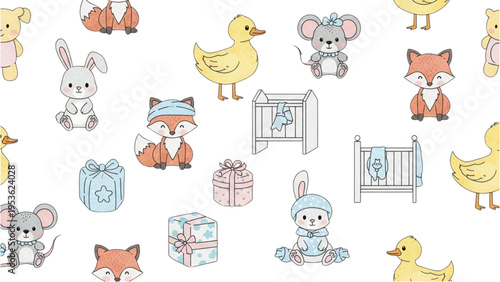 Adorable baby animals play with toys in a nursery scene