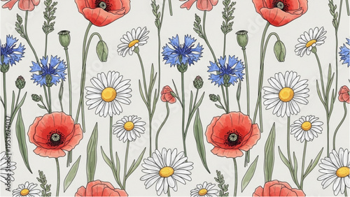 Vibrant flowers including poppies, daisies, and cornflowers are blooming.