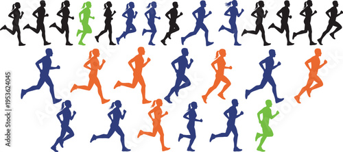 Running people silhouette colorful set vector men women jogging fitness sport activity dynamic motion isolated illustration collection