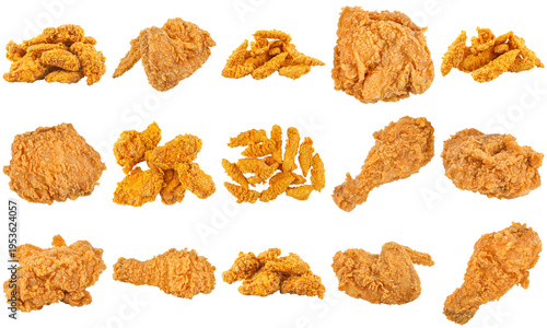 Large assortment of crispy fried chicken pieces: wings, drumsticks, nuggets, and tenders, perfectly golden-brown.