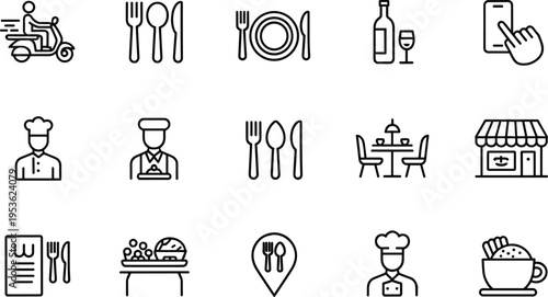 Fifteen black and white line art icons for food service and restaurant industry Keywords: food, restaurant, service, icon, set