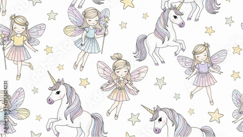 Whimsical fairies and unicorns play together under starry night sky