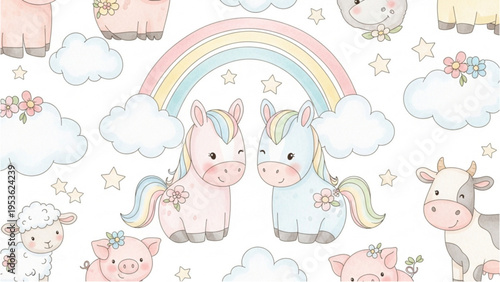 Pastel colored unicorns and farm animals play under a rainbow with clouds.