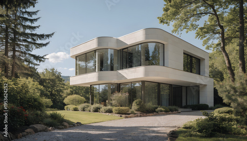 A modern two-story house featuring a sleek and contemporary architectural style. 