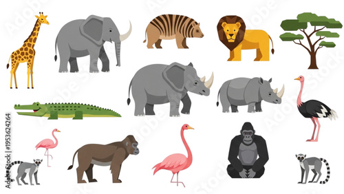 Variety of animals gathered in a savannah scene with trees and wildlife