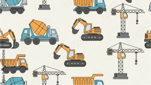 Heavy machinery like cranes and excavators are operating at a construction site with trucks.