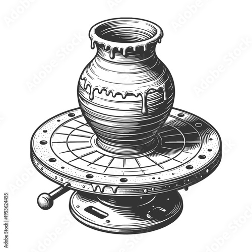 clay pot on a pottery wheel with dripping glaze, craftsmanship, ceramic art, and traditional handmade process sketch engraving generative ai vector illustration. Scratch board. Black and white image.