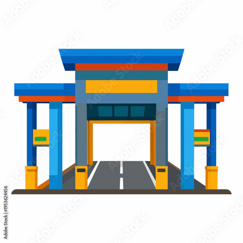 Bright cartoon illustration of a toll booth on a highway entrance, showing colorful design with blue roof and orange accents, captured from a frontal viewpoint for educational use