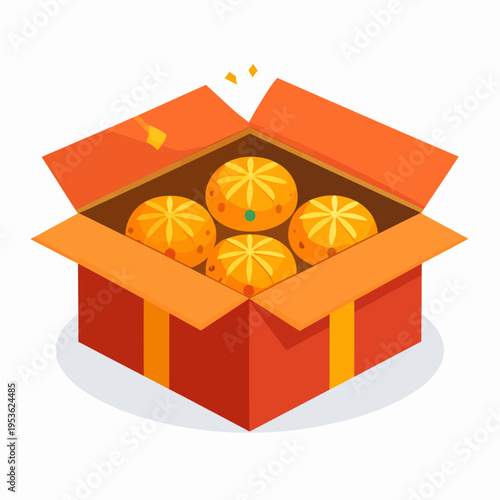 Celebratory illustration of an open orange gift box with a yellow ribbon bow, displaying six star‑decorated orange balls, viewed from a slight angle against a white backdrop