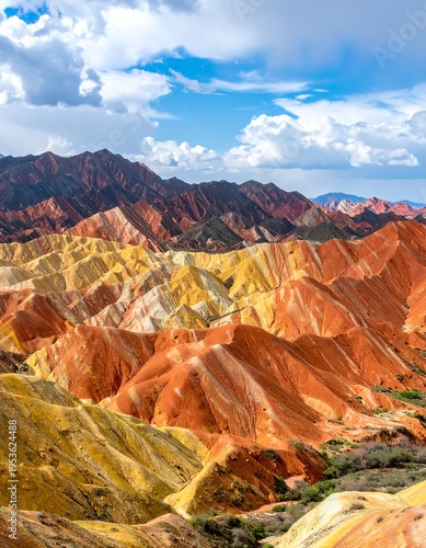 Multicolored mountain formations under a bright blue sky, with white fluffy clouds