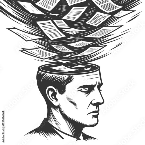 human head opening with papers and charts bursting out, information overload and mental pressure sketch engraving generative ai vector illustration. Scratch board imitation. Black and white image.