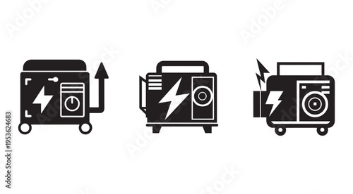 Black and white icons of portable generators with lightning bolts on them  electrical power equipment symbols for design and technology
