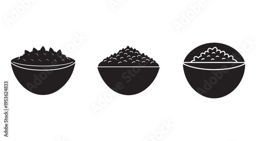 Black bowls filled with different amounts of small round objects on white background  simple graphic illustrations