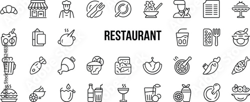 Line art icons for restaurant and food with the word RESTAURANT in the center croissant shop