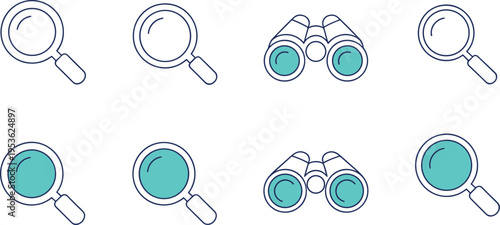 Magnifying glass and binoculars icons in outline style with teal accents Keywords: magnifying glass, binoculars, search icon