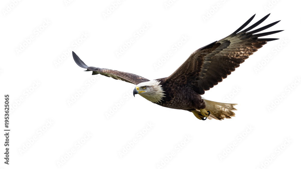 Fototapeta premium Majestic bald eagle soars through the sky with wings spread wide, a symbol of freedom and power