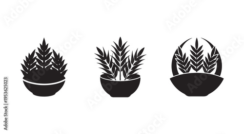 Black silhouettes of potted plants with different leaf shapes on white background  plant pots and foliage
