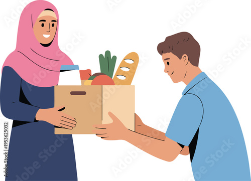 Muslim couple holding cardboard box together during relocation or job loss flat vector illustration for social issues and unemployment themes.