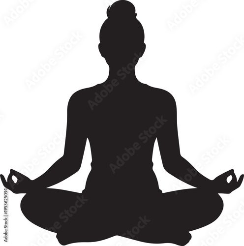 A silhouette of a woman sitting in a peaceful lotus yoga pose against a plain white background