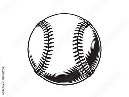 Black and white illustration of a baseball, stitched ball used for sports games, isolated, Team Sport