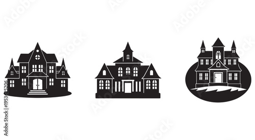 Blackandwhite illustrations of three haunted houses with multiple windows and turrets  spooky mansions with steep roofs and chimneys
