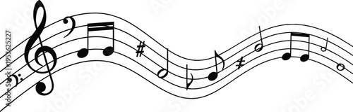Musical staff treble bass clef illustration, wave notes artwork design, dynamic music vector composition, artistic sound symbol, flat vector illustration