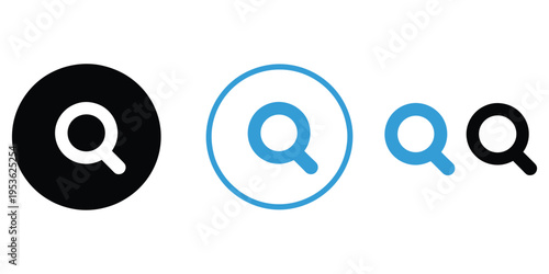 Search icon variations black blue and white on white background magnifying glass symbol