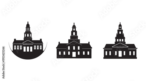 Blackandwhite silhouettes of old american buildings with towers and columns  architectural icons