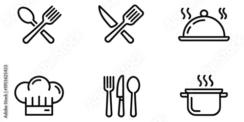 Six black and white line art icons related to cooking and kitchen utensils Keywords: cooking, kitchen, utensil, icon, set