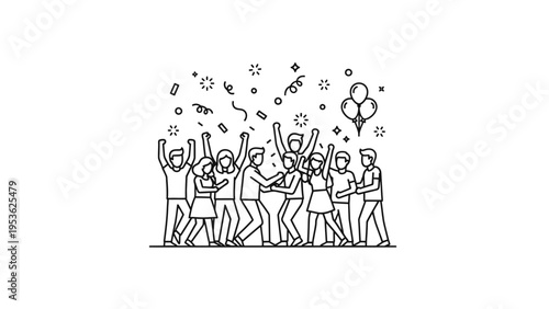 Group of People Celebrating with Balloons and Confetti.