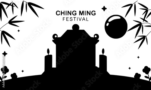  Ching Ming Festival elegant black and white silhouette banner with Chinese altar tomb, candles, full moon and bamboo branches for Tomb Sweeping Day commemoration