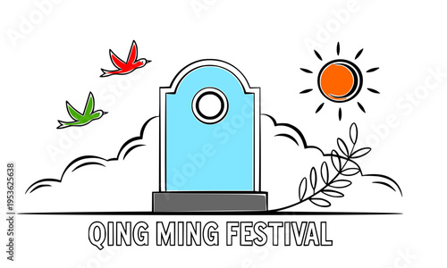 Qing Ming Festival minimalist line art illustration with tombstone, flying birds, sun and clouds symbolizing Chinese Tomb Sweeping Day ancestral memorial tradition