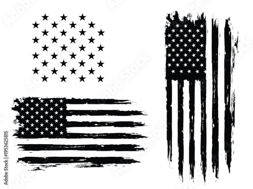Distressed American Flag Graphics Set in Black and White, USA Patriotism and Independence, United States