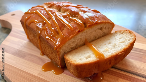 A delectable loaf of freshly baked bread glistens with caramel drizzle on a wooden board, inviting you to savor its sweet aroma and tantalizing texture.