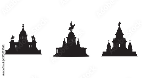Set of three black silhouettes of Europeanstyle buildings with domes and statues on white background  architectural landmarks