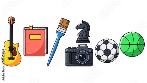 Guitar, Cashbox, Paintbrush, Knight, Camera, Soccer Ball, Basketball.