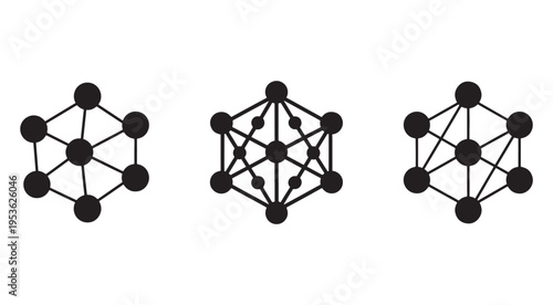Three black and white molecular structure diagrams with connected nodes and lines  molecular structures  science