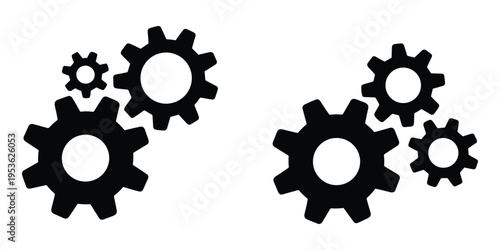 Two sets of black gear icons, one with three gears and another with four gears wheel mechanism