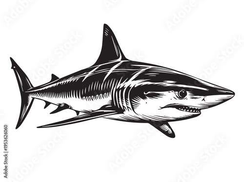 Black and white sketch illustration of a predatory shark swimming, intense marine life, The illustration captures the powerful and imposing nature of the ocean predator