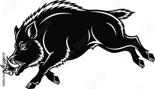 A black and white illustration of a wild boar in motion
