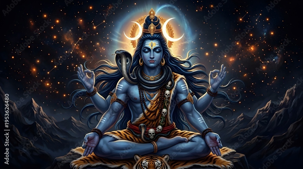 Fototapeta premium Divine depiction of Lord Shiva in cosmic meditation with celestial backdrop